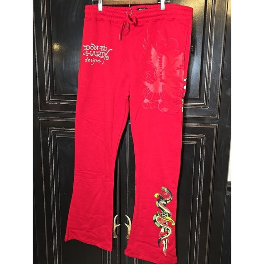 Red Ed Hardy XL flared Leg Sweatpants, NWT, SNAKE, TIGER, EAGLE